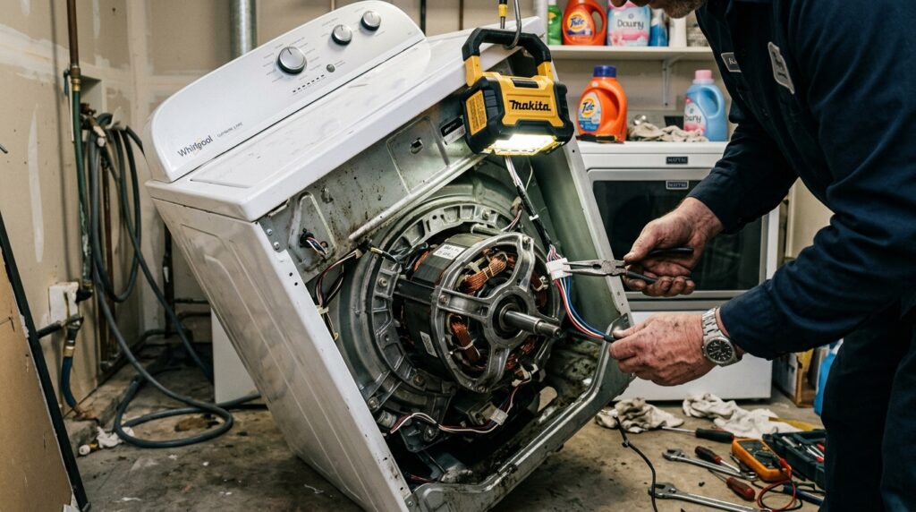 Inspecting rotor position sensor wiring harness on bottom drive motor of Whirlpool top-load washer