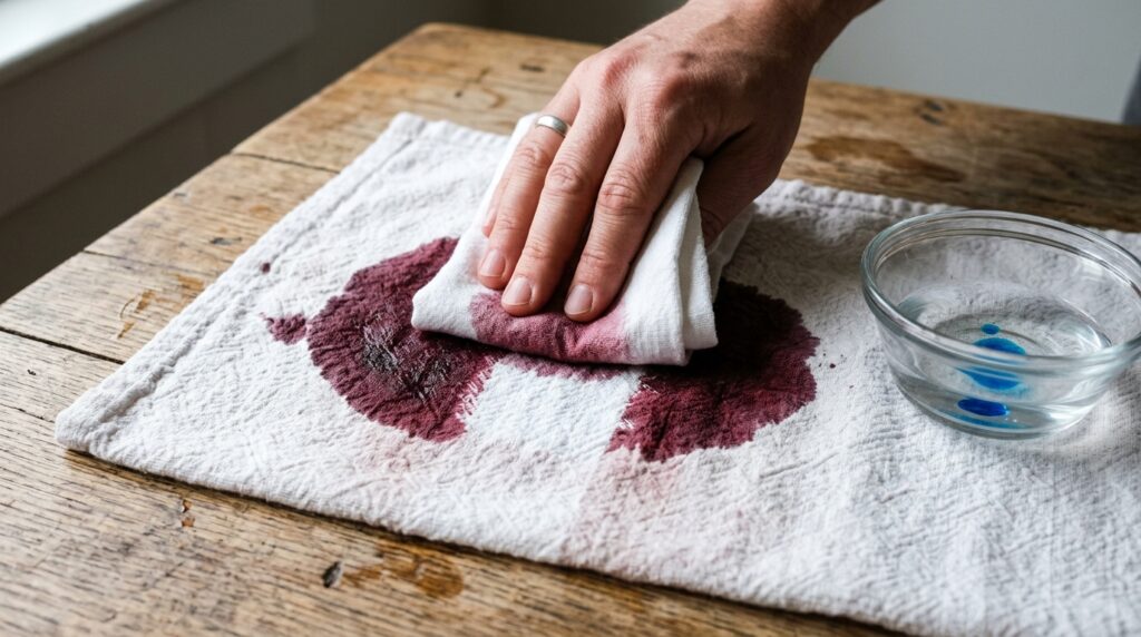 Authentic macro photograph of deep red wine stain on textured white cotton linen being blotted with clean rag and Dawn solution